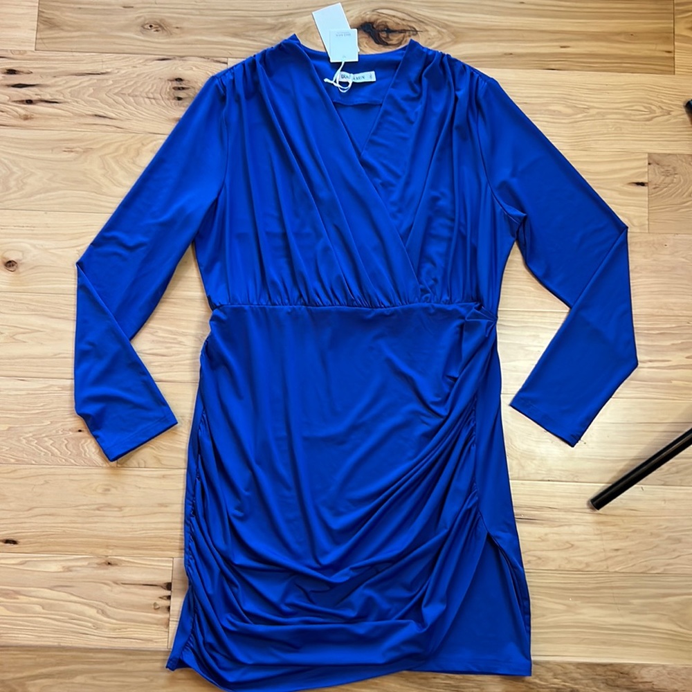 NWT Grace Karin Vibrate Blue Stretch Long Sleeve V-Neck Ruching Dress | 2XL